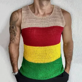 Wiaofellas  -  Men's Crochet Tank Top with Colorful Stripes Men's Contrast Color Thick Knit Sweater Casual Sleeveless Pullover Vest Summer Top