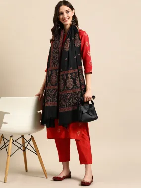 Women Black Ethnic Motifs Woven Design Fancy Shawl