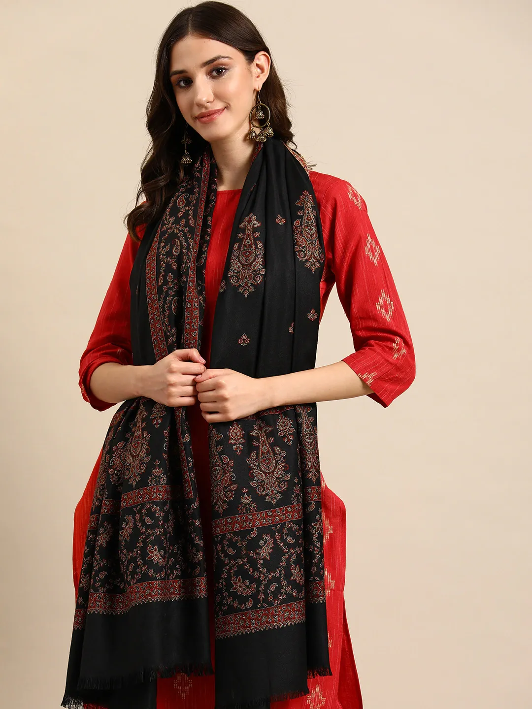 Women Black Ethnic Motifs Woven Design Fancy Shawl