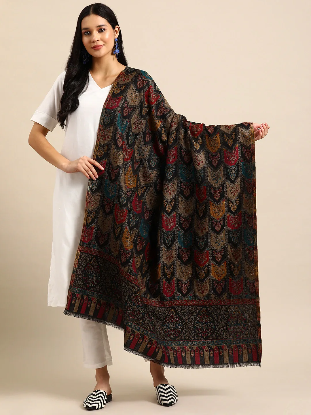 Women Ethnic Motifs Woven Design Kashmiri kaani Shawl