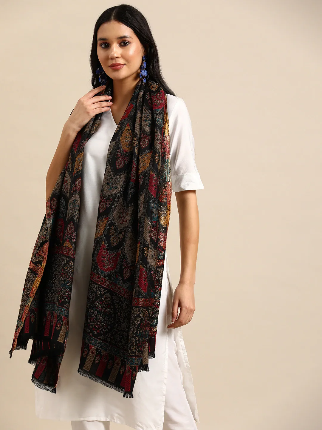 Women Ethnic Motifs Woven Design Kashmiri kaani Shawl