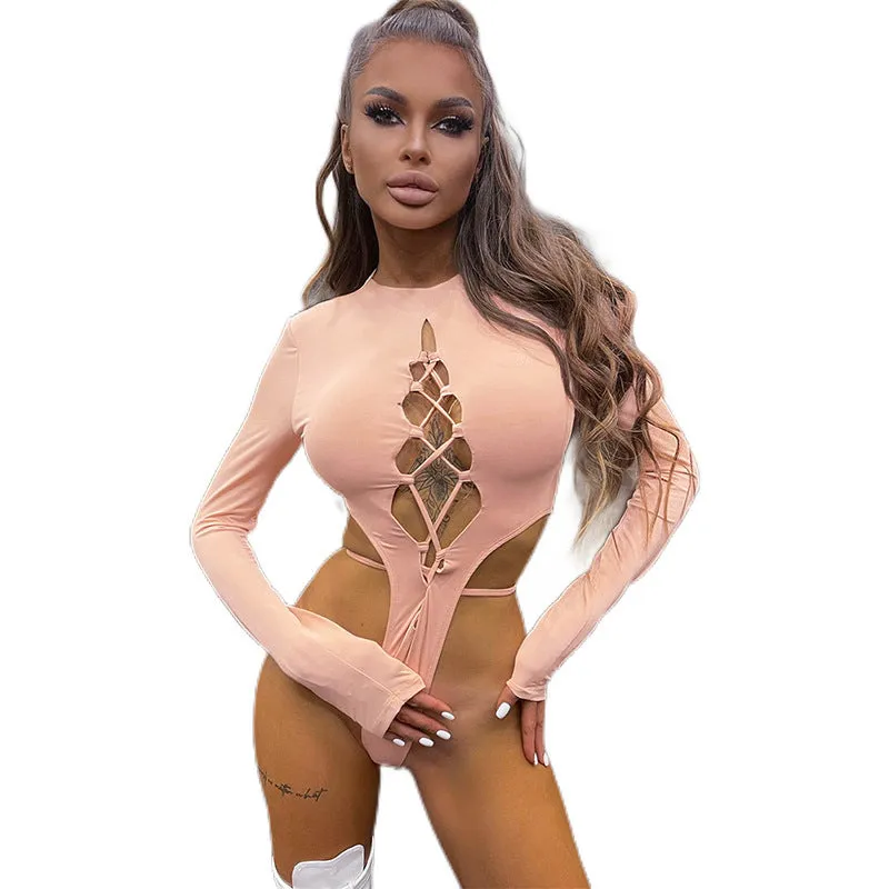 Women's Long Sleeve Round Neck Sexy Hollow Out Strap Slim Fit Jumpsuit