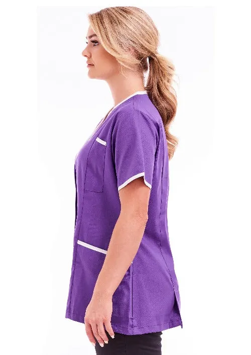 Women's Poly Cotton Asymmetric V Neckline Tunic for Nurses and Care Homes | Size S to XL | FUL04 Purple