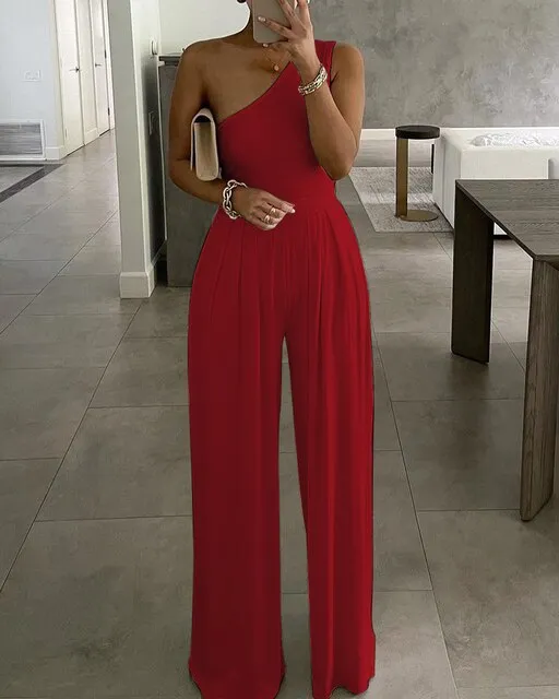 Yeknu Summer Women Fashion Sleeveless Jumpsuit Ruched Plain Wide Leg Pants Casual Solid One Shoulder Track Suit Outfits