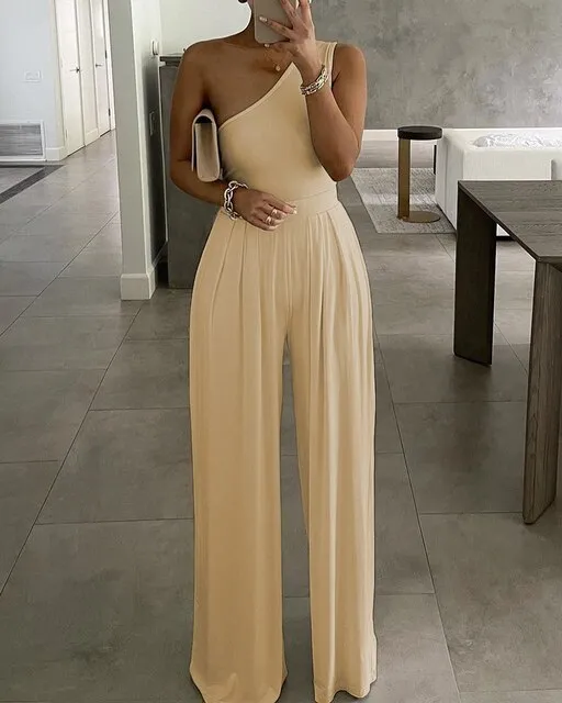 Yeknu Summer Women Fashion Sleeveless Jumpsuit Ruched Plain Wide Leg Pants Casual Solid One Shoulder Track Suit Outfits