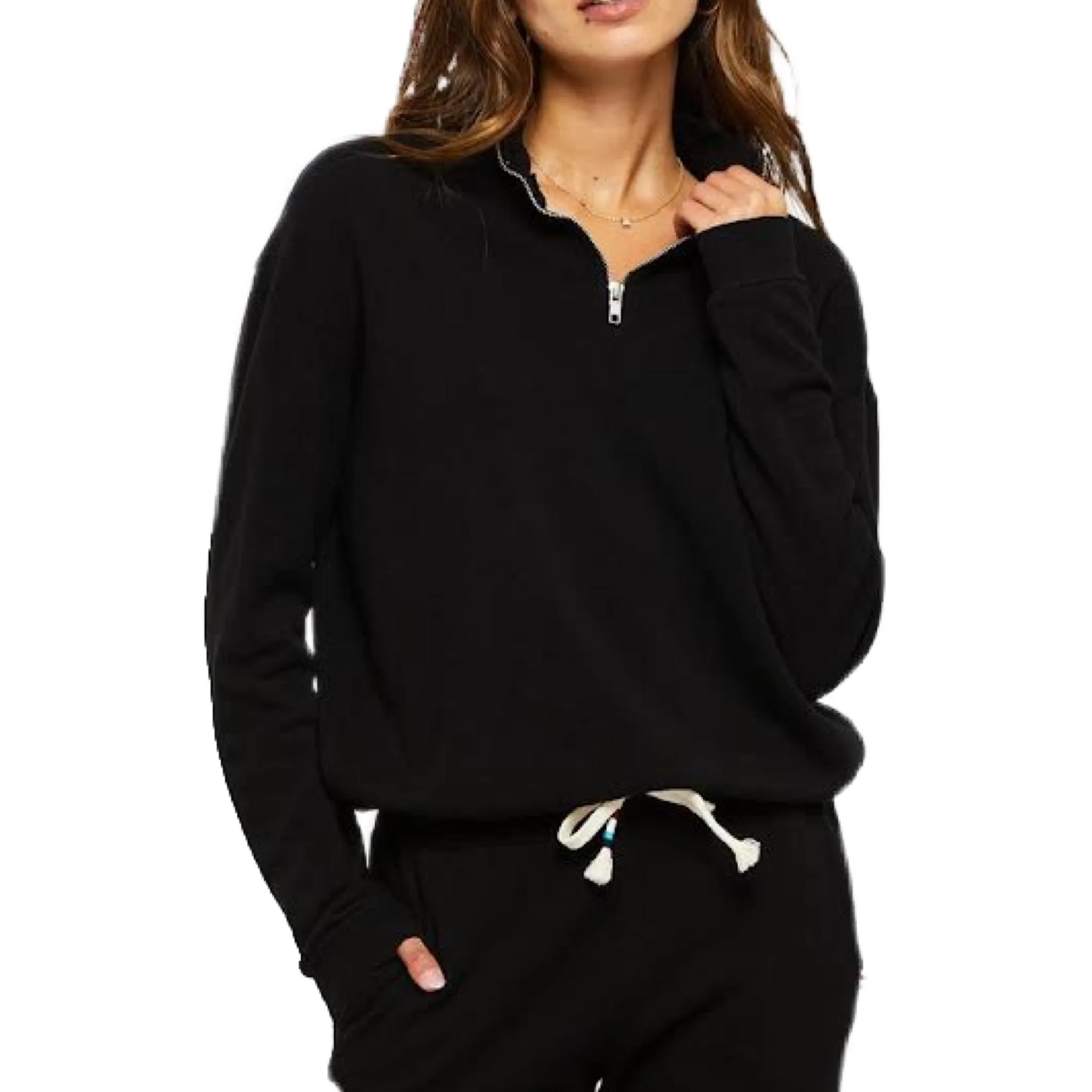 Zip Neck Crop Pullover - Black.